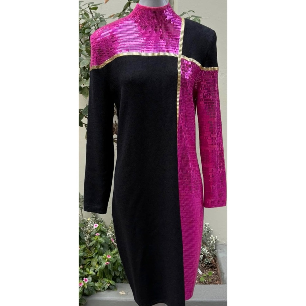St. John Color Block Evening Cocktail Designer Dress Black & Pink Sequin Size 10